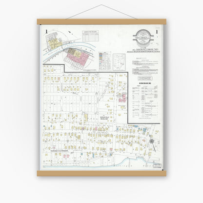 Old map wall art mockup — magnetic wood frame on white wall — Sanborn Fire Insurance Map from Taylorsville, Muskingum County, Ohio (1946), Sheet #0001