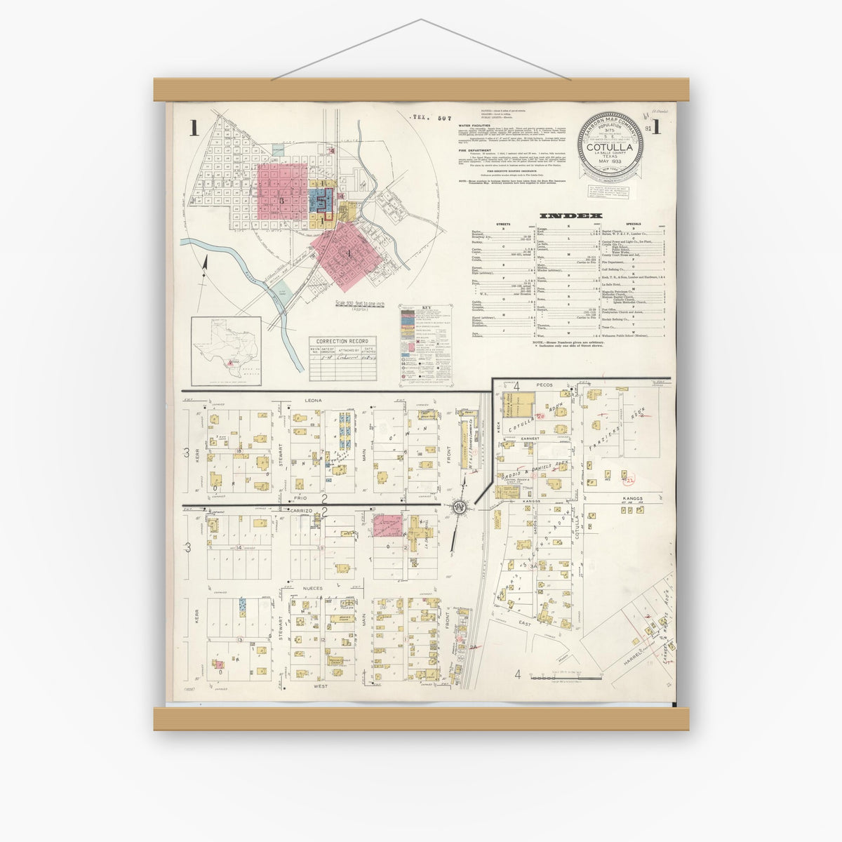 Old map wall art mockup — magnetic wood frame on white wall — Sanborn Fire Insurance Map from Cotulla, La Salle County, Texas (1948) - Complete Map Set