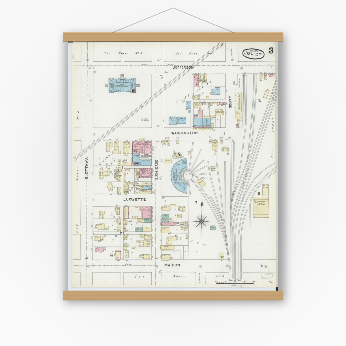 Old map wall art mockup — magnetic wood frame on white wall — Sanborn Fire Insurance Map from Joliet, Will County, Illinois (1891), Sheet #0003