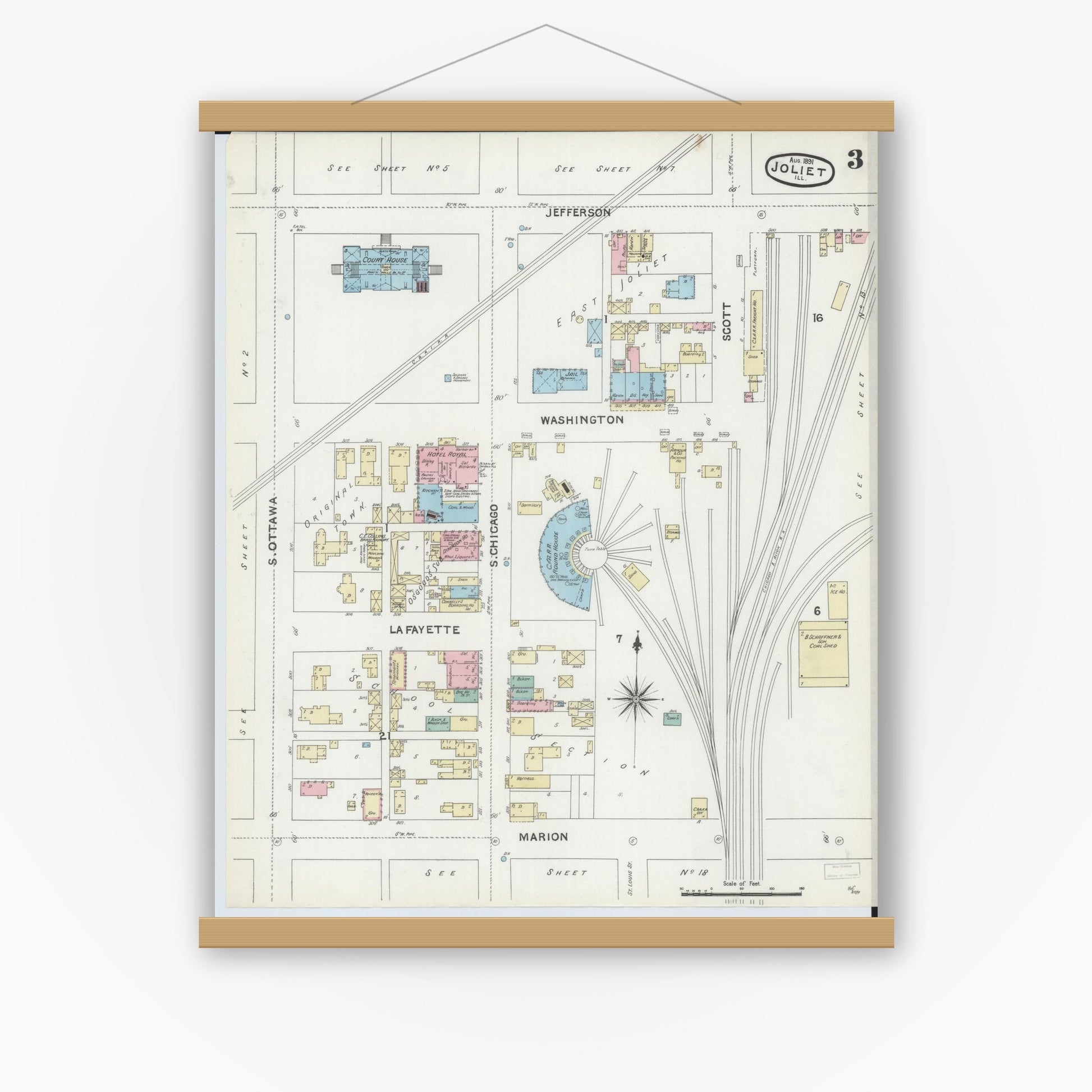 Old map wall art mockup — magnetic wood frame on white wall — Sanborn Fire Insurance Map from Joliet, Will County, Illinois (1891), Sheet #0003