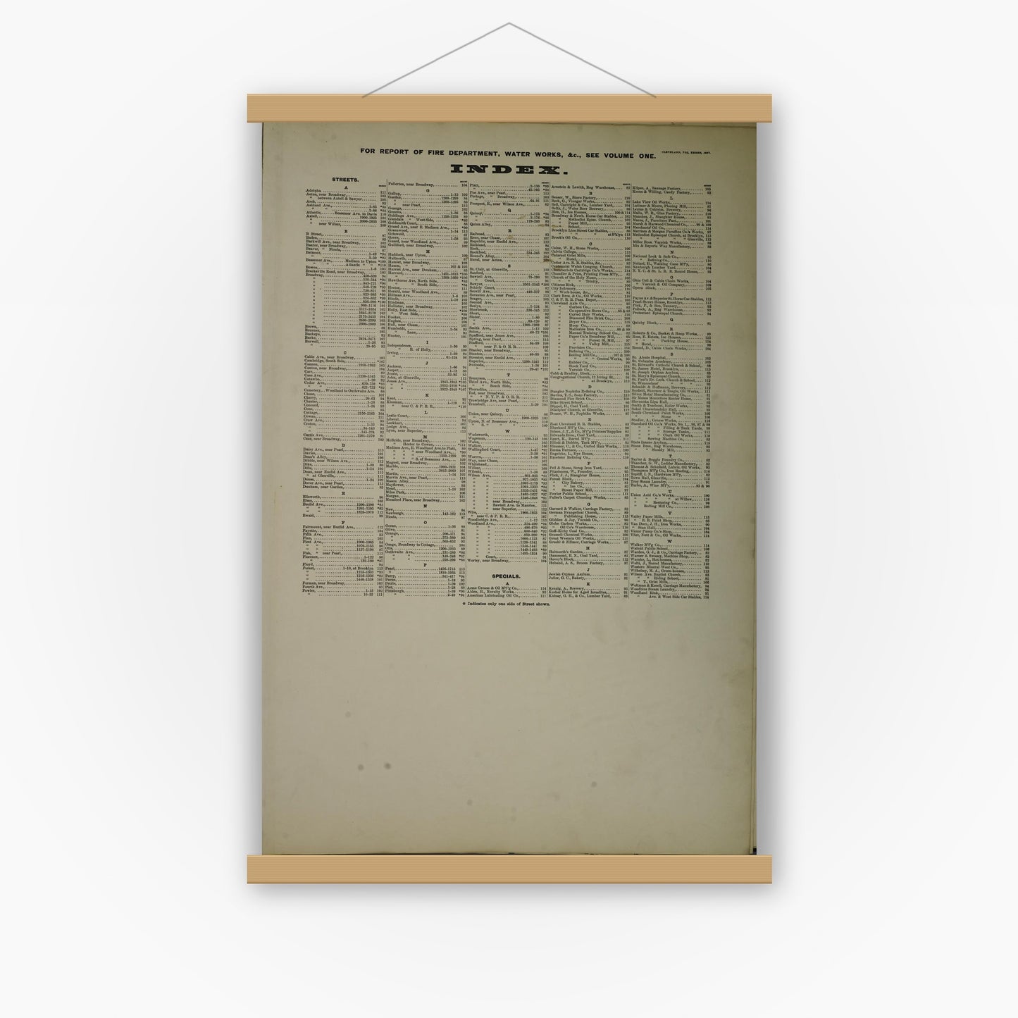 Old map wall art mockup — magnetic wood frame on white wall — Sanborn Fire Insurance Map from Cleveland, Cuyahoga County, Ohio (1887), Sheet #0001