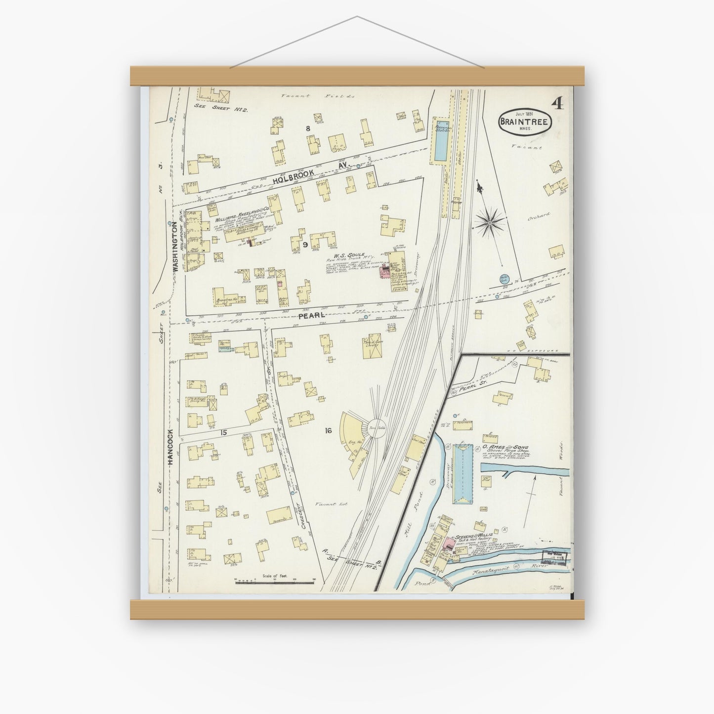 Old map wall art mockup — magnetic wood frame on white wall — Sanborn Fire Insurance Map from Braintree, Norfolk County, Massachusetts (1891), Sheet #0004