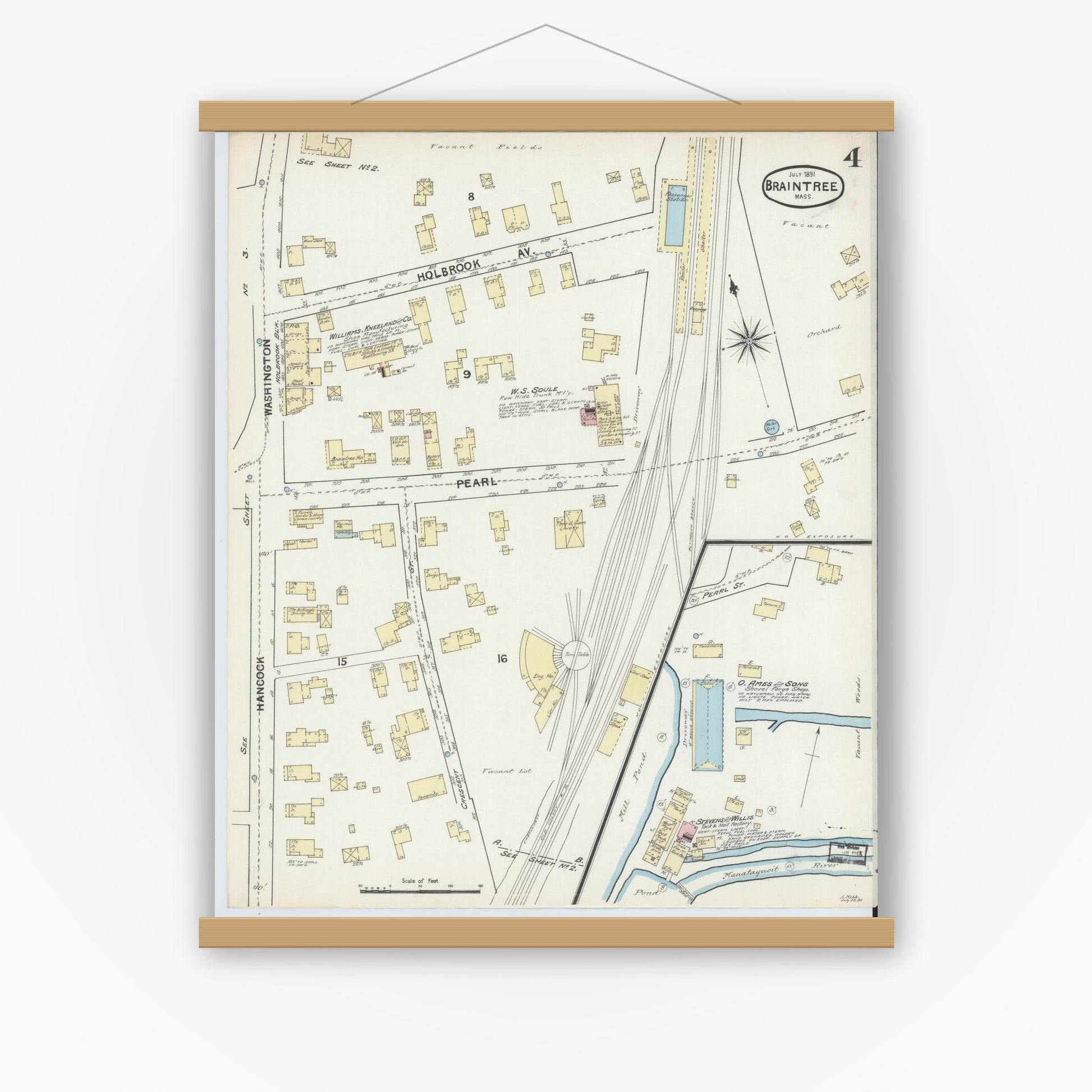 Old map wall art mockup — magnetic wood frame on white wall — Sanborn Fire Insurance Map from Braintree, Norfolk County, Massachusetts (1891), Sheet #0004