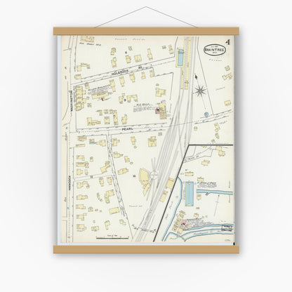 Old map wall art mockup — magnetic wood frame on white wall — Sanborn Fire Insurance Map from Braintree, Norfolk County, Massachusetts (1891), Sheet #0004