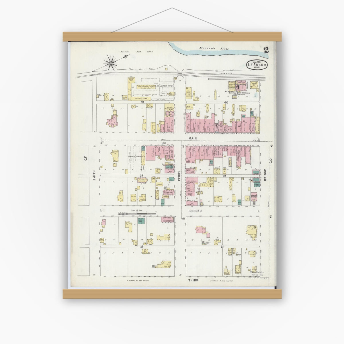 Old map wall art mockup — magnetic wood frame on white wall — Sanborn Fire Insurance Map from Le Sueur, Le Sueur County, Minnesota (1896), Sheet #0002