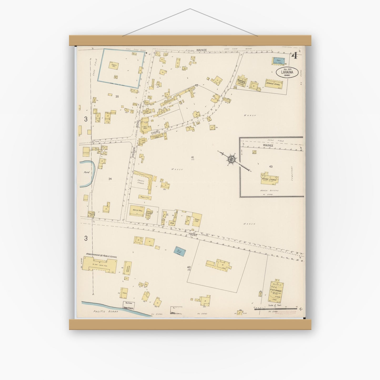 Old map wall art mockup — magnetic wood frame on white wall — Sanborn Fire Insurance Map from Lahaina, Maui County, Hawaii (1914), Sheet #0004