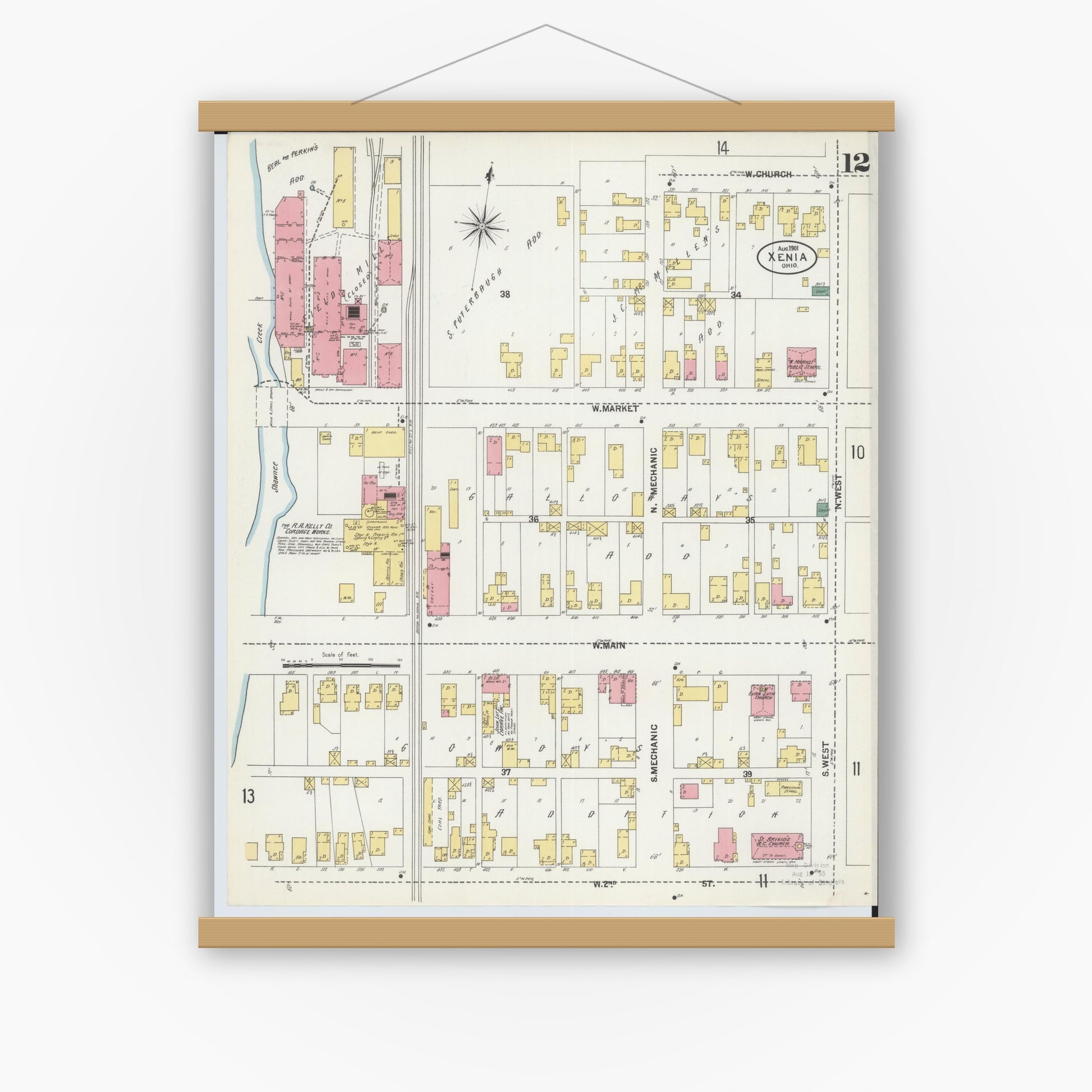 Old map wall art mockup — magnetic wood frame on white wall — Sanborn Fire Insurance Map from Xenia, Greene County, Ohio (1901), Sheet #0012