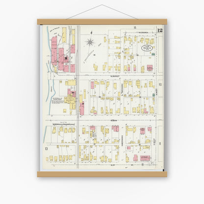 Old map wall art mockup — magnetic wood frame on white wall — Sanborn Fire Insurance Map from Xenia, Greene County, Ohio (1901), Sheet #0012