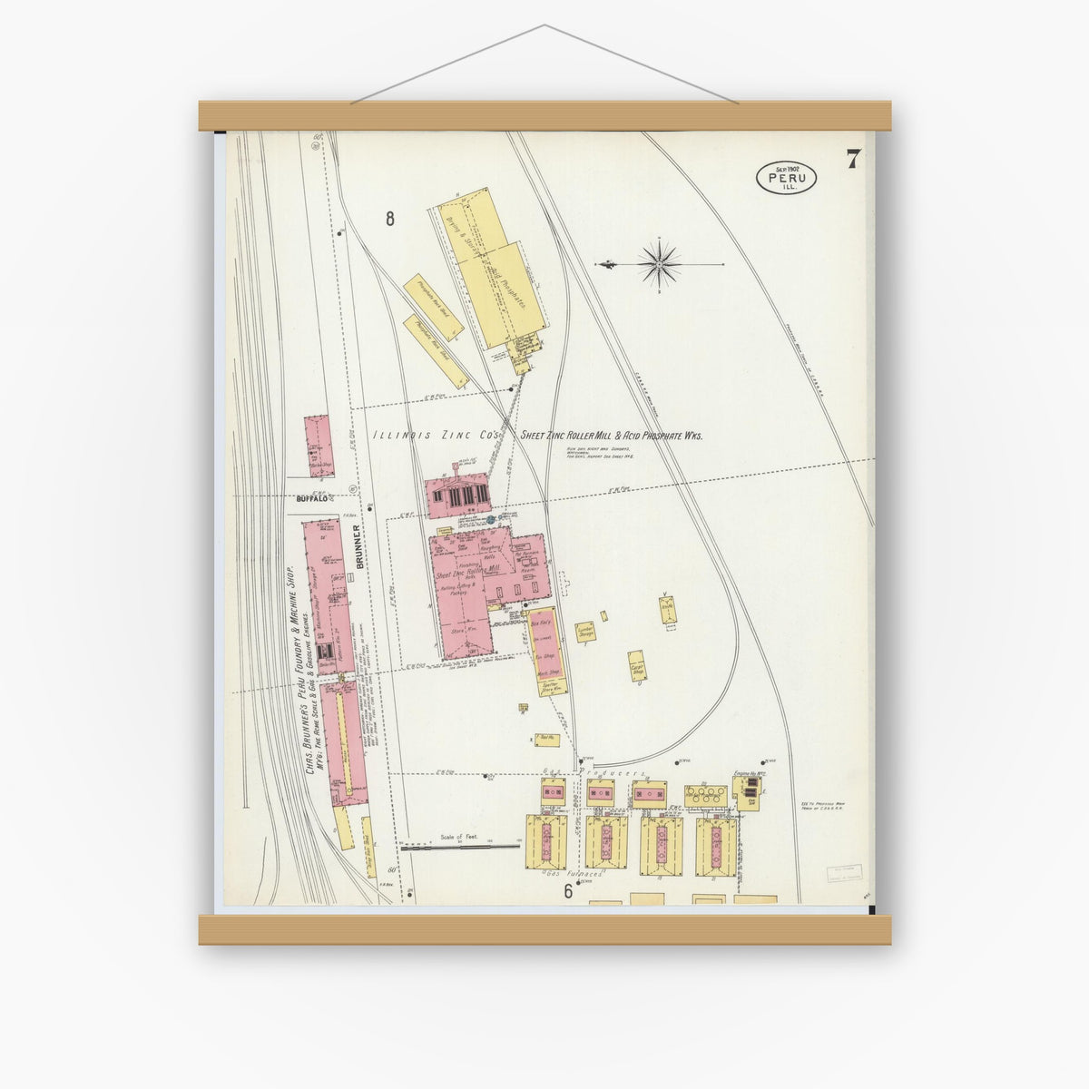 Old map wall art mockup — magnetic wood frame on white wall — Sanborn Fire Insurance Map from Peru, La Salle County, Illinois (1902), Sheet #0007