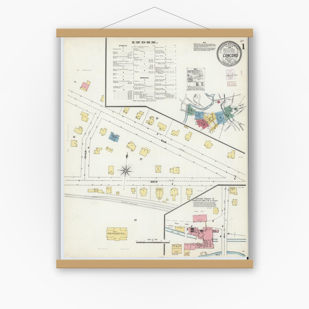 Old map wall art mockup — magnetic wood frame on white wall — Sanborn Fire Insurance Map from Concord, Middlesex County, Massachusetts (1903), Sheet #0001