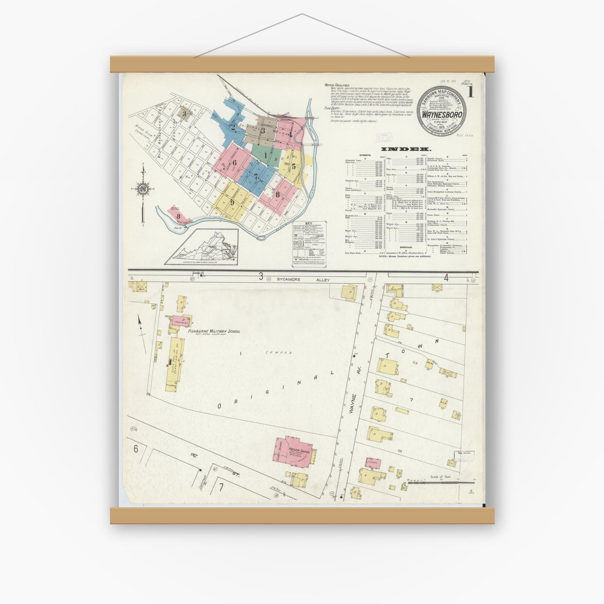 Old map wall art mockup — magnetic wood frame on white wall — Sanborn Fire Insurance Map from Waynesboro, Independent Cities, Virginia (1913), Sheet #0001