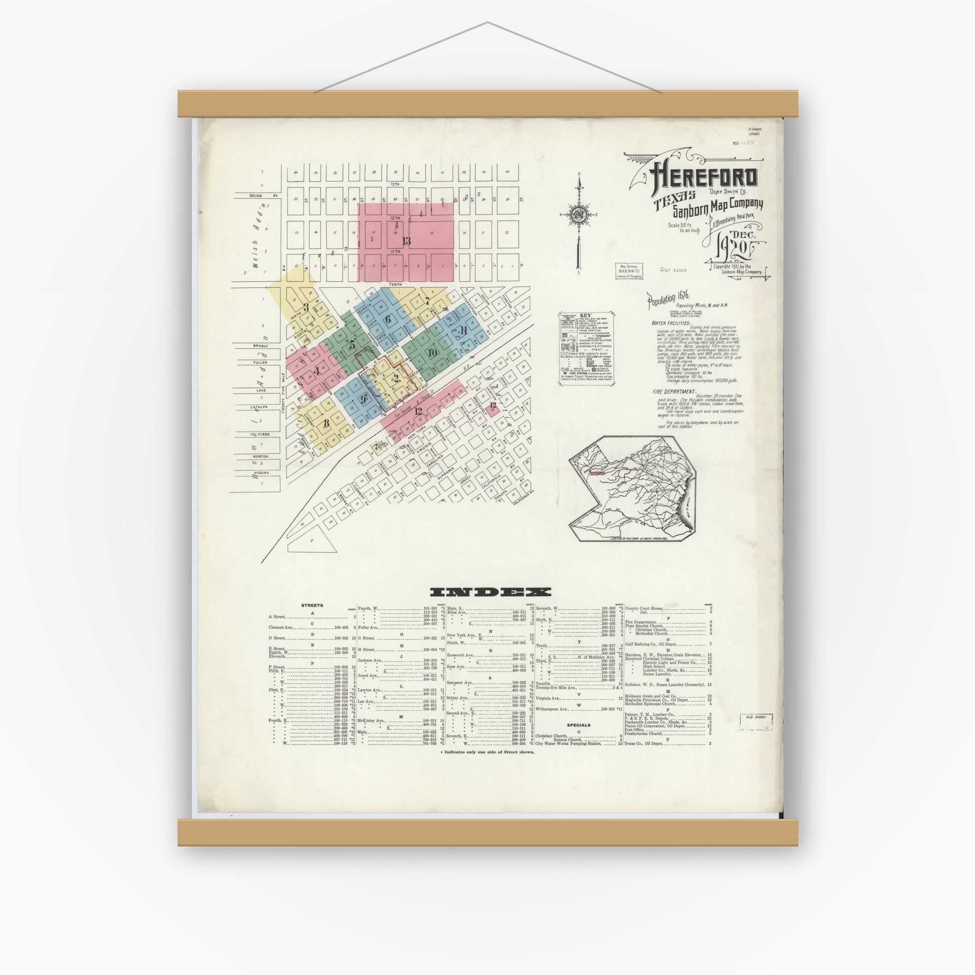 Old map wall art mockup — magnetic wood frame on white wall — Sanborn Fire Insurance Map from Hereford, Deaf Smith County, Texas (1920) - Complete Map Set