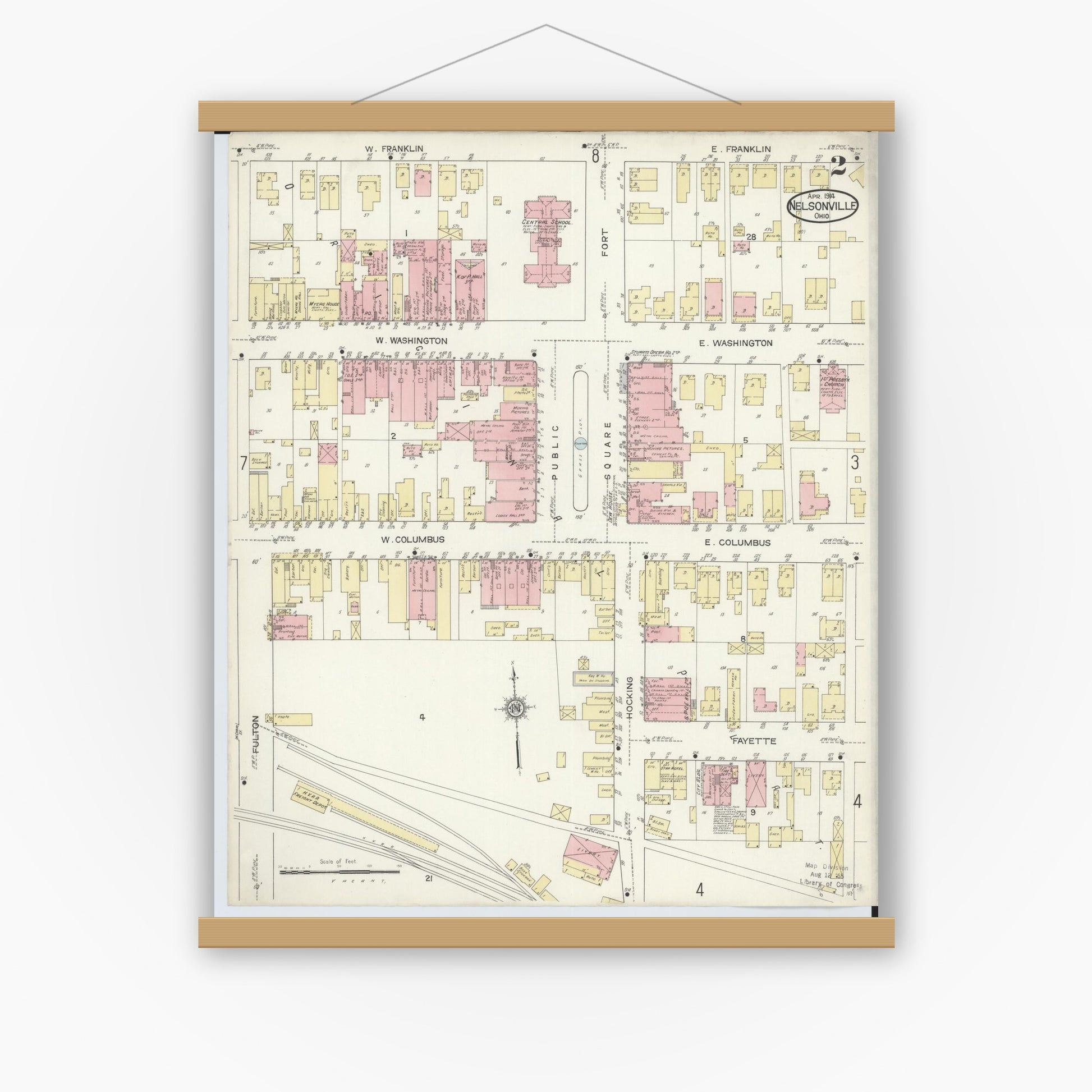 Old map wall art mockup — magnetic wood frame on white wall — Sanborn Fire Insurance Map from Nelsonville, Athens County, Ohio (1914), Sheet #0002