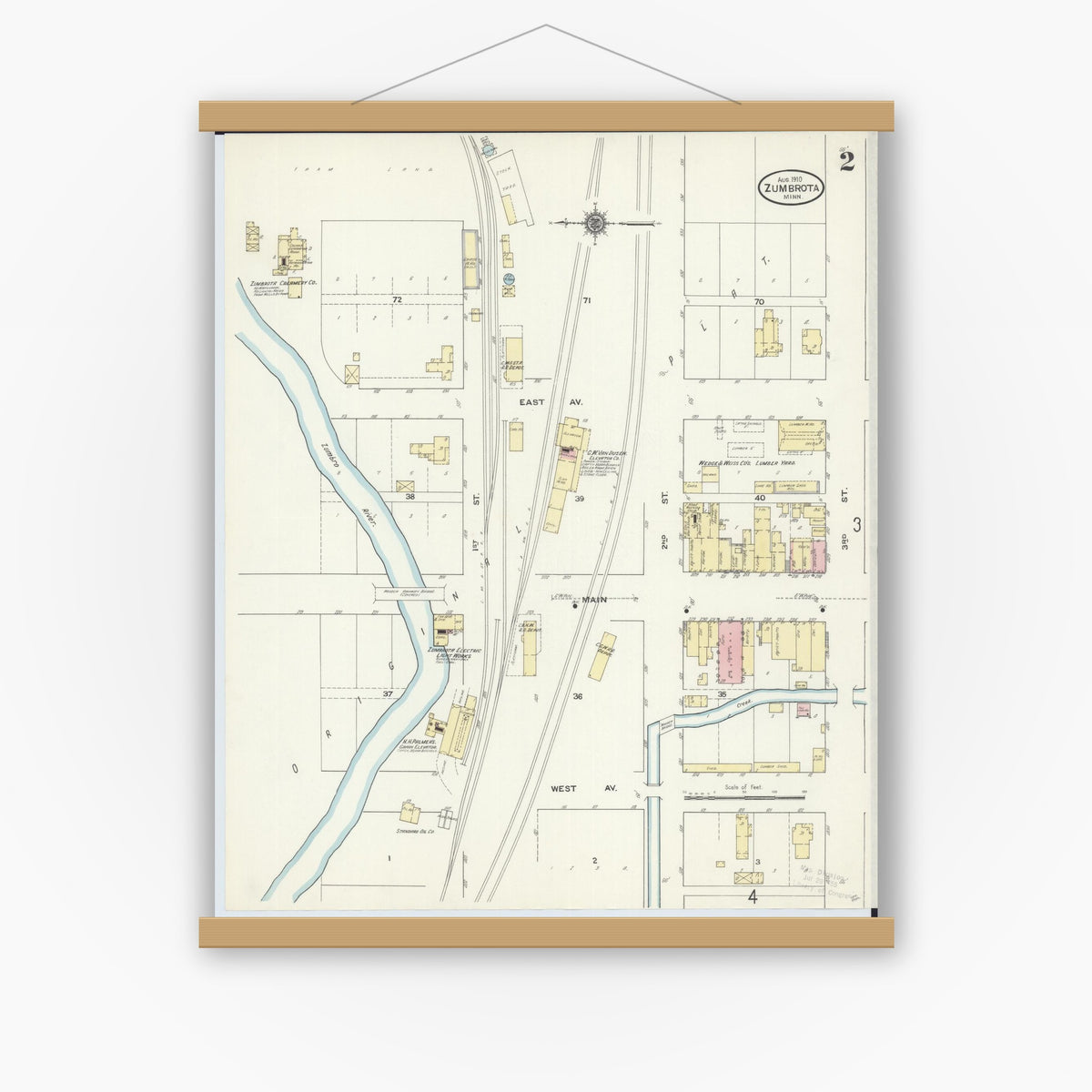 Old map wall art mockup — magnetic wood frame on white wall — Sanborn Fire Insurance Map from Zumbrota, Goodhue County, Minnesota (1910), Sheet #0002