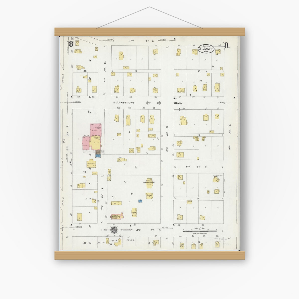 Old map wall art mockup — magnetic wood frame on white wall — Sanborn Fire Insurance Map from Saint James, Watonwan County, Minnesota (1924), Sheet #0008