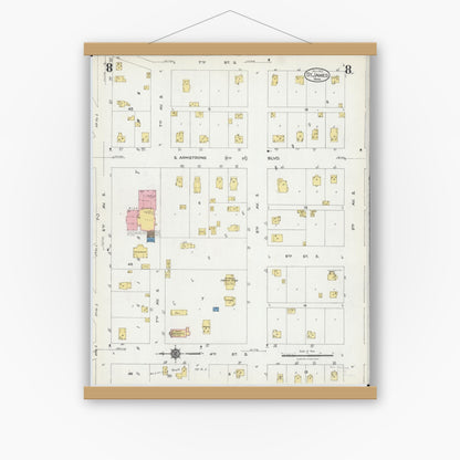 Old map wall art mockup — magnetic wood frame on white wall — Sanborn Fire Insurance Map from Saint James, Watonwan County, Minnesota (1924), Sheet #0008