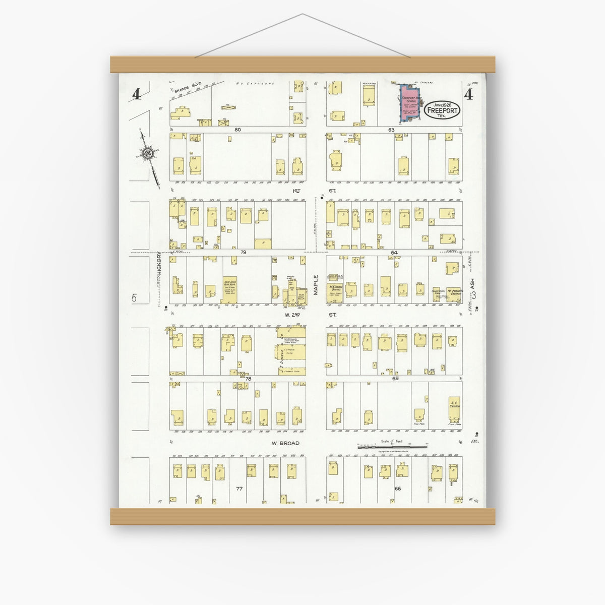 Old map wall art mockup — magnetic wood frame on white wall — Sanborn Fire Insurance Map from Freeport, Brazoria County, Texas (1926), Sheet #0004