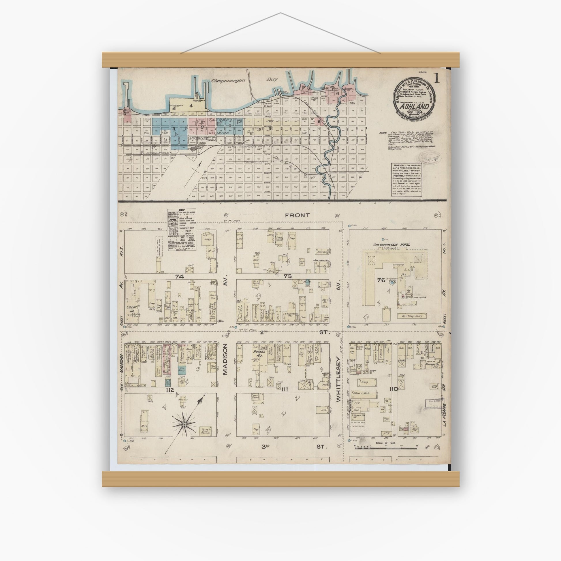 Old map wall art mockup — magnetic wood frame on white wall — Sanborn Fire Insurance Map from Ashland, Ashland County, Wisconsin (1884) - Complete Map Set
