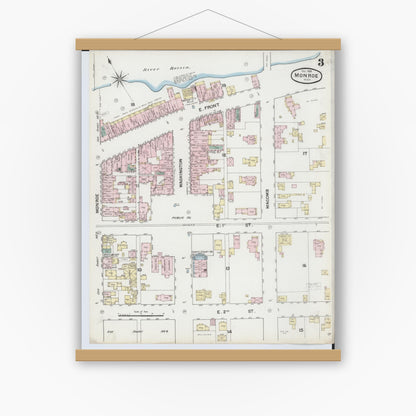 Old map wall art mockup — magnetic wood frame on white wall — Sanborn Fire Insurance Map from Monroe, Monroe County, Michigan (1888), Sheet #0003