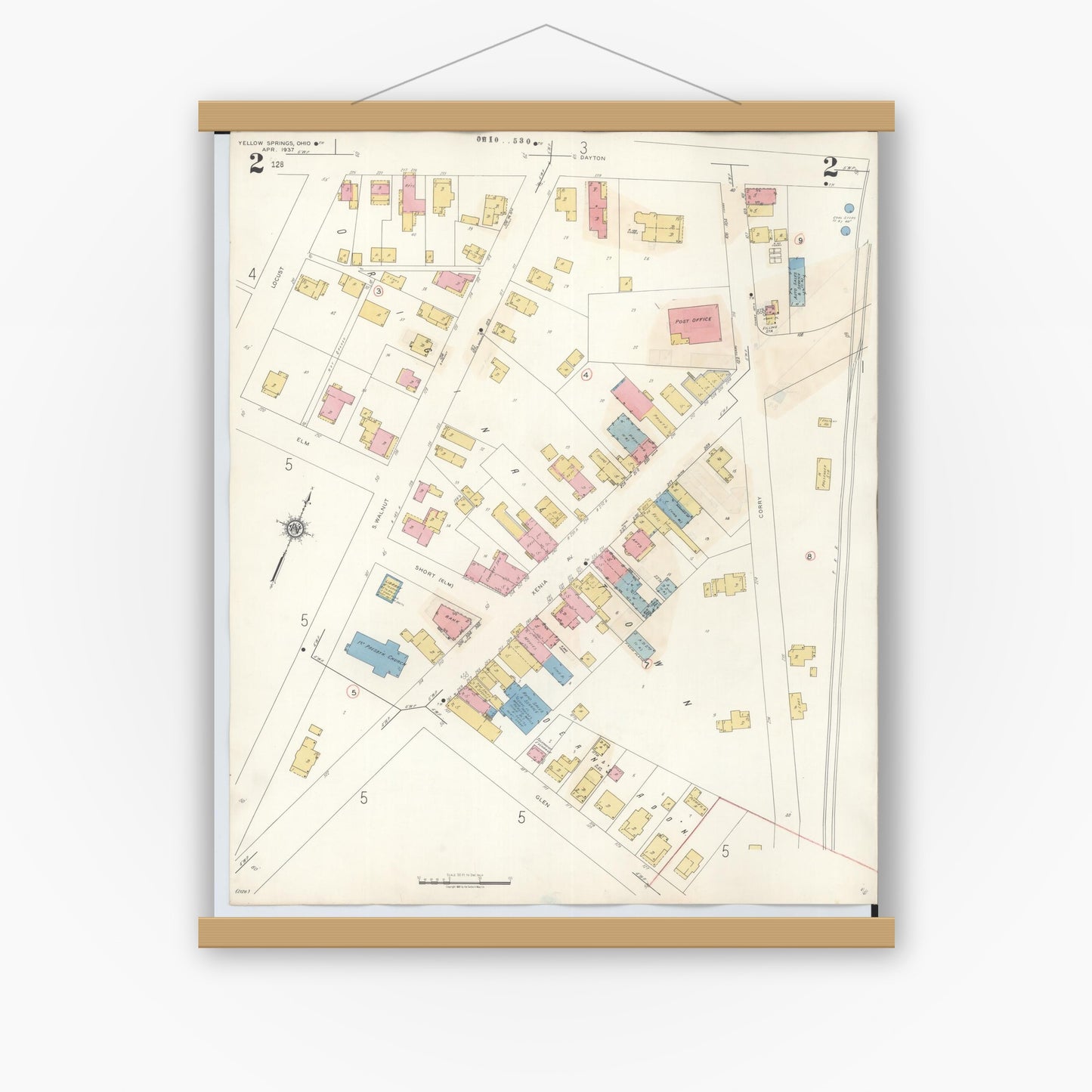 Old map wall art mockup — magnetic wood frame on white wall — Sanborn Fire Insurance Map from Yellow Springs, Greene County, Ohio (1945), Sheet #0002