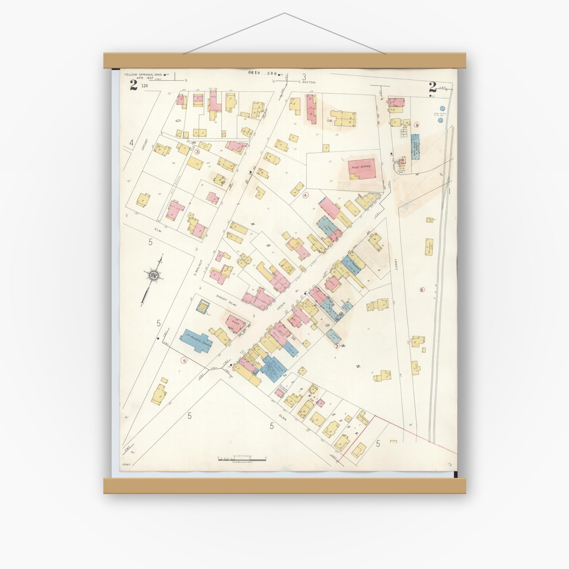 Old map wall art mockup — magnetic wood frame on white wall — Sanborn Fire Insurance Map from Yellow Springs, Greene County, Ohio (1945), Sheet #0002