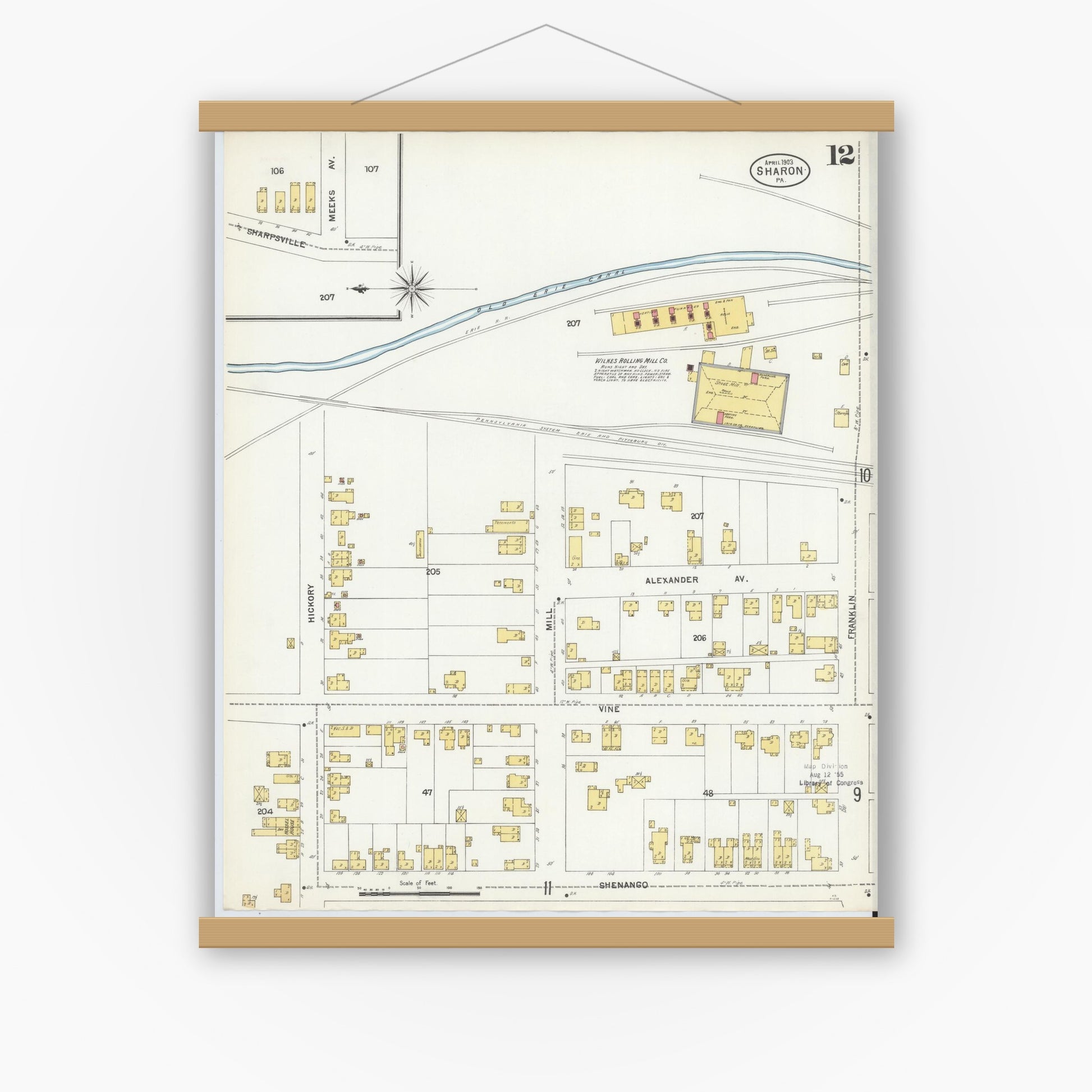 Old map wall art mockup — magnetic wood frame on white wall — Sanborn Fire Insurance Map from Sharon, Mercer County, Pennsylvania (1903), Sheet #0012