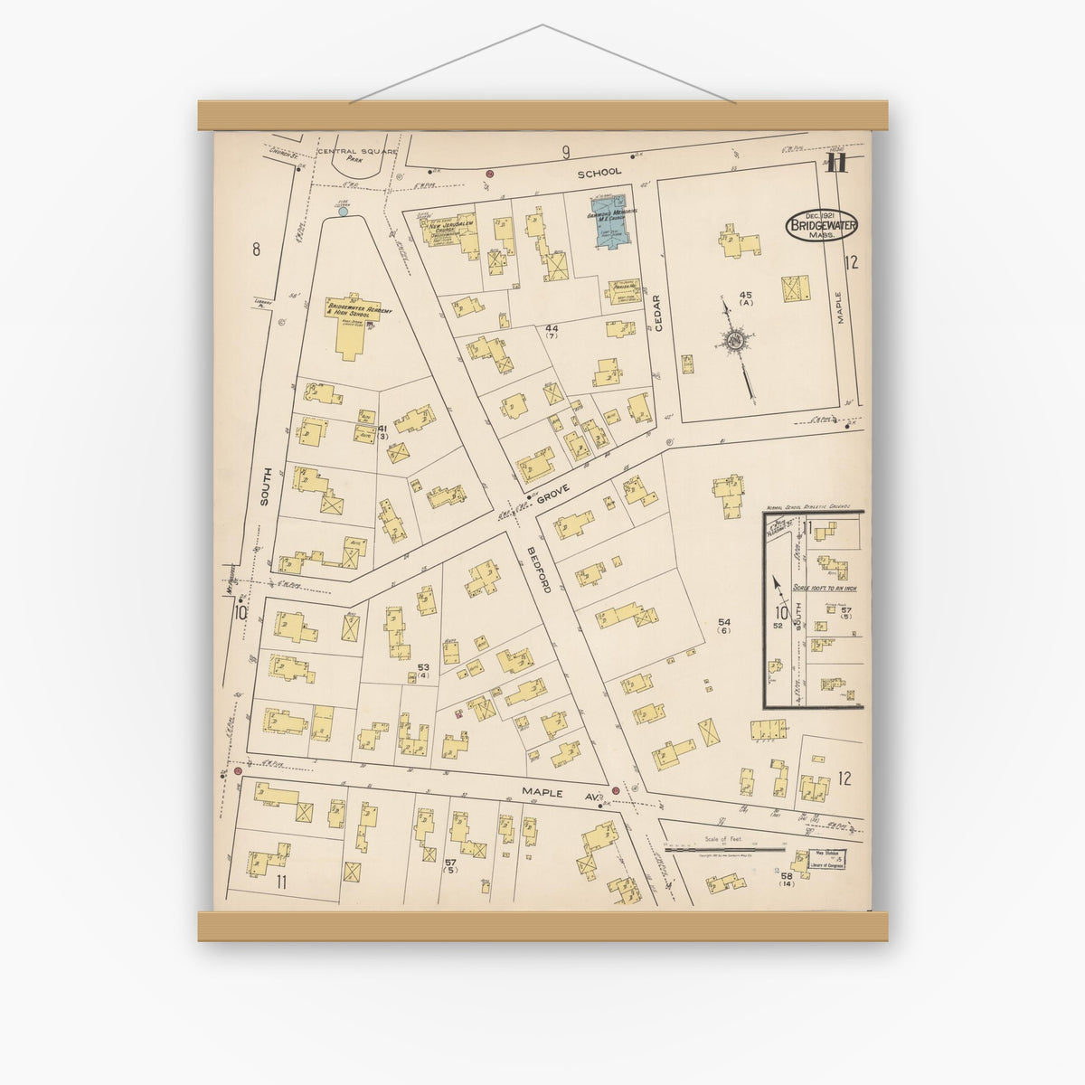 Old map wall art mockup — magnetic wood frame on white wall — Sanborn Fire Insurance Map from Bridgewater, Plymouth County, Massachusetts (1921), Sheet #0011