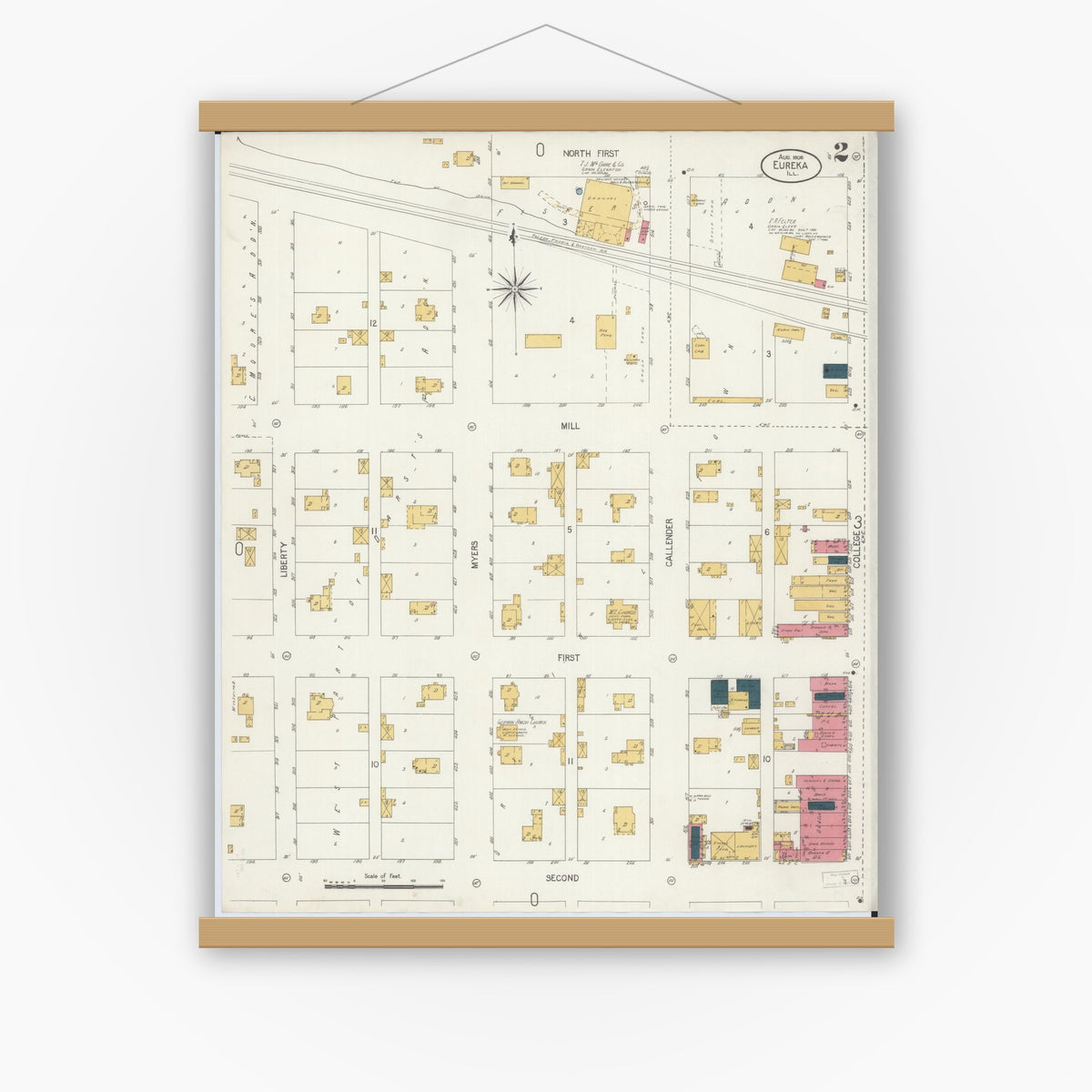 Old map wall art mockup — magnetic wood frame on white wall — Sanborn Fire Insurance Map from Eureka, Woodford County, Illinois (1906), Sheet #0002