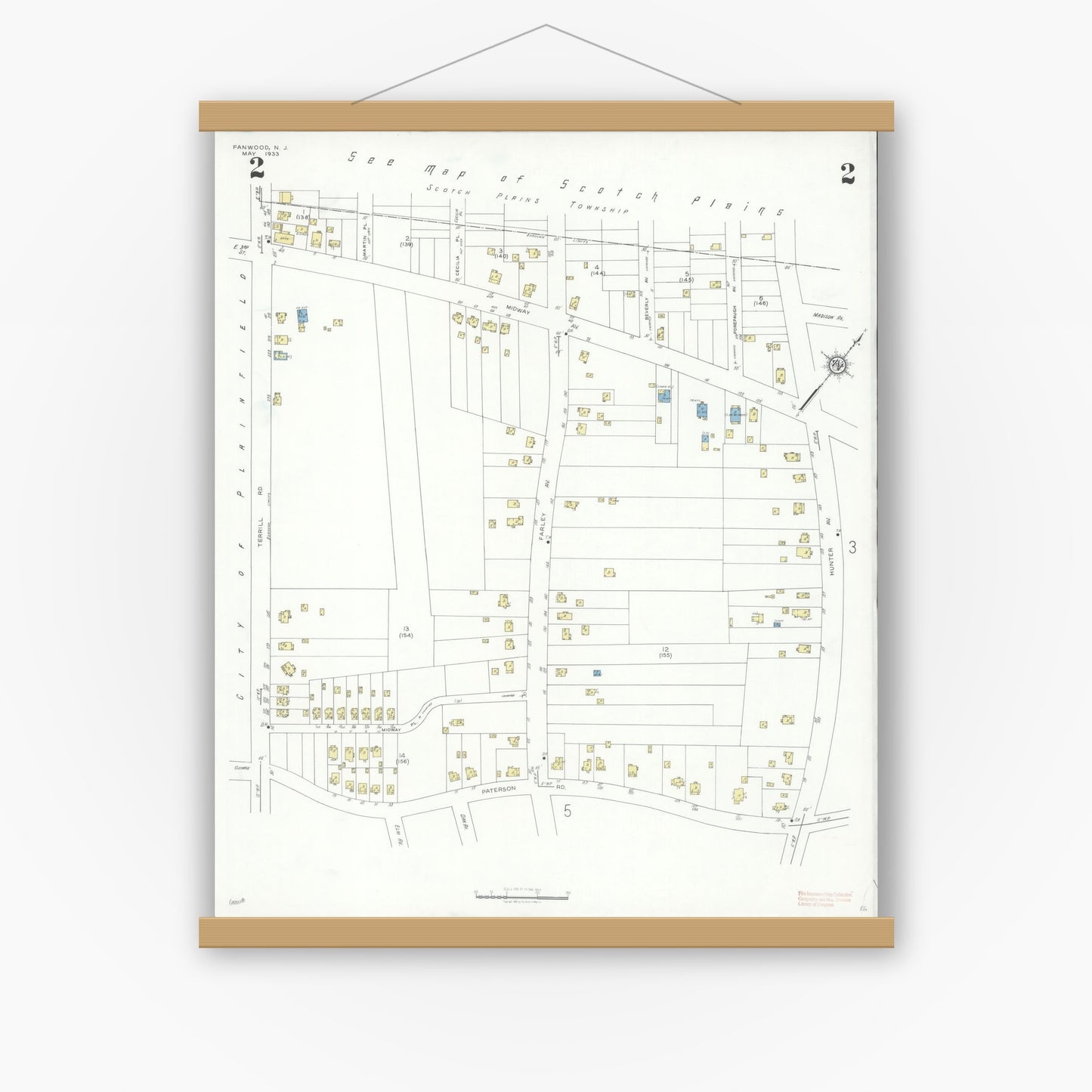 Old map wall art mockup — magnetic wood frame on white wall — Sanborn Fire Insurance Map from Fanwood, Union County, New Jersey (1933), Sheet #0002