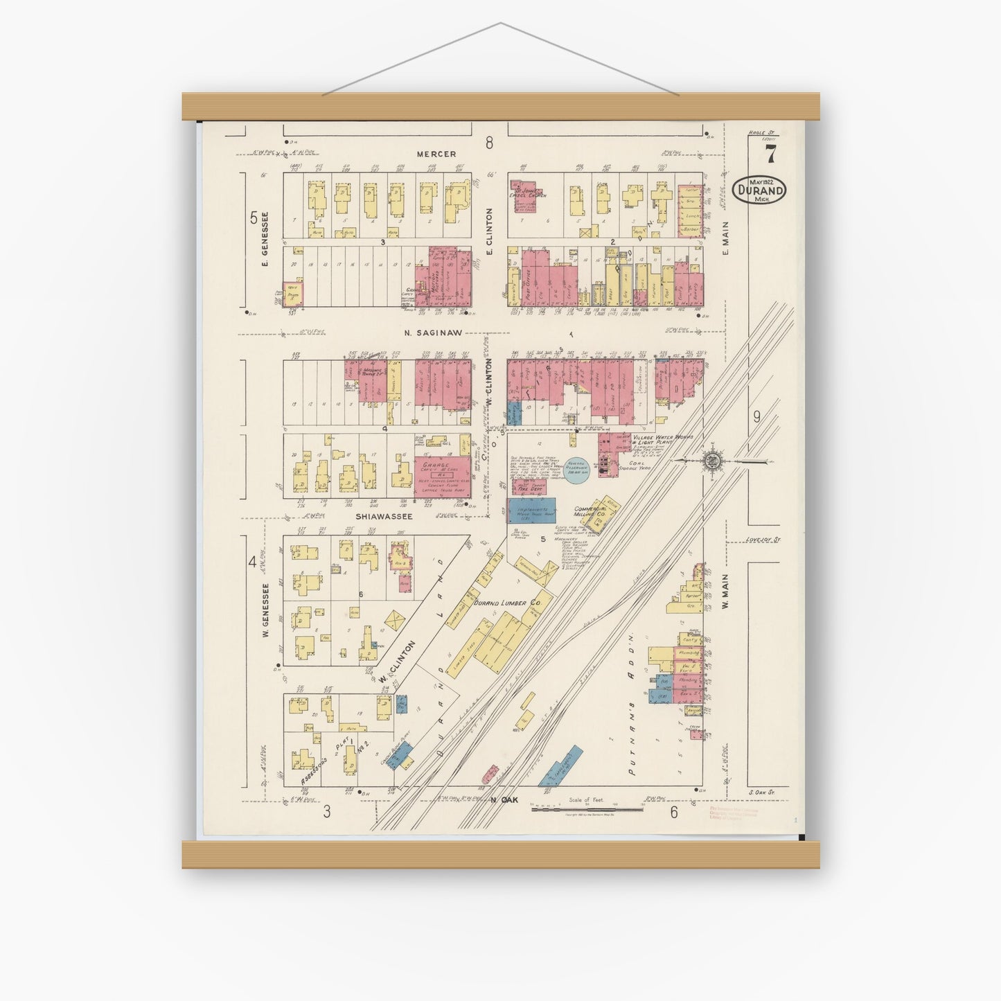 Old map wall art mockup — magnetic wood frame on white wall — Sanborn Fire Insurance Map from Durand, Shiawassee County, Michigan (1922), Sheet #0007