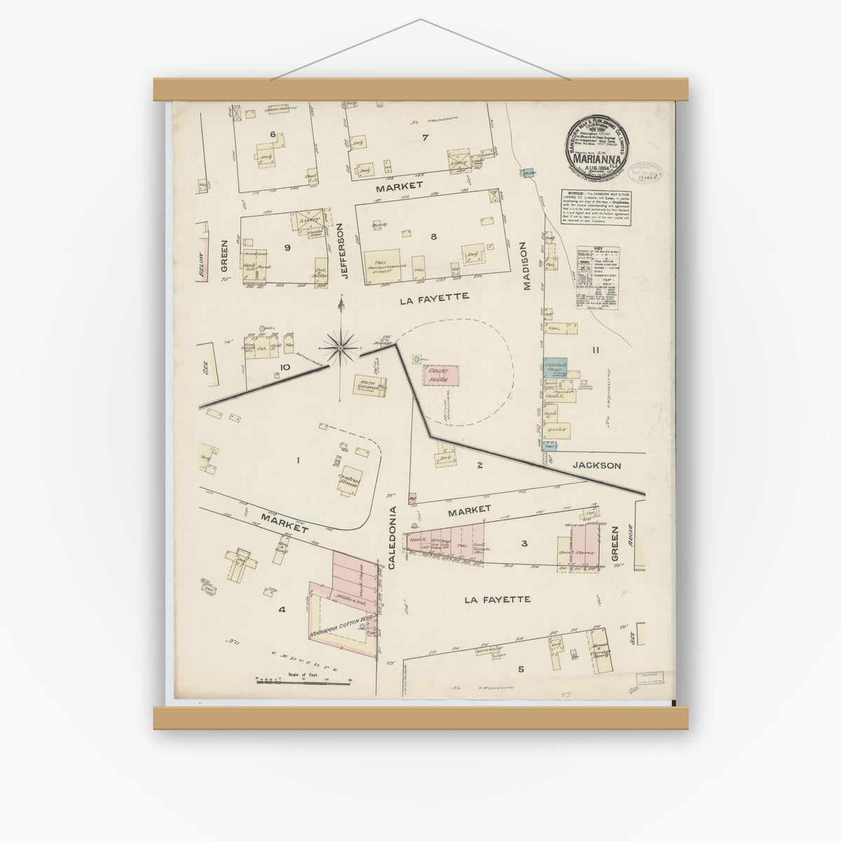 Old map wall art mockup — magnetic wood frame on white wall — Sanborn Fire Insurance Map from Marianna, Jackson County, Florida (1884), Sheet #0001