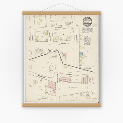 Old map wall art mockup — magnetic wood frame on white wall — Sanborn Fire Insurance Map from Marianna, Jackson County, Florida (1884), Sheet #0001