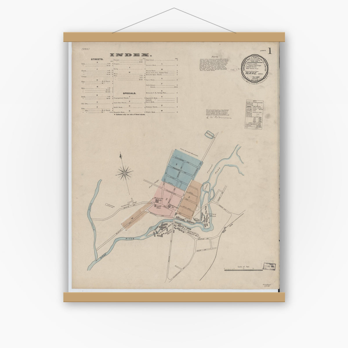 Old map wall art mockup — magnetic wood frame on white wall — Sanborn Fire Insurance Map from Ware, Hampshire County, Massachusetts (1887), Sheet #0001