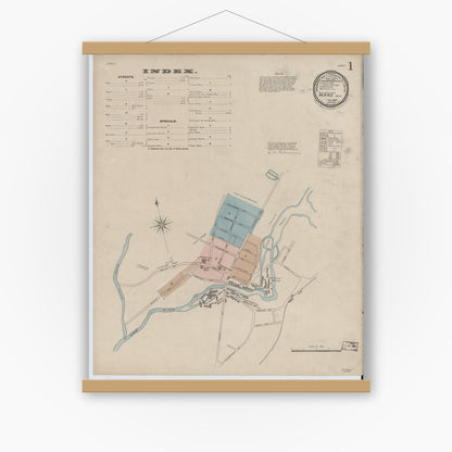 Old map wall art mockup — magnetic wood frame on white wall — Sanborn Fire Insurance Map from Ware, Hampshire County, Massachusetts (1887), Sheet #0001