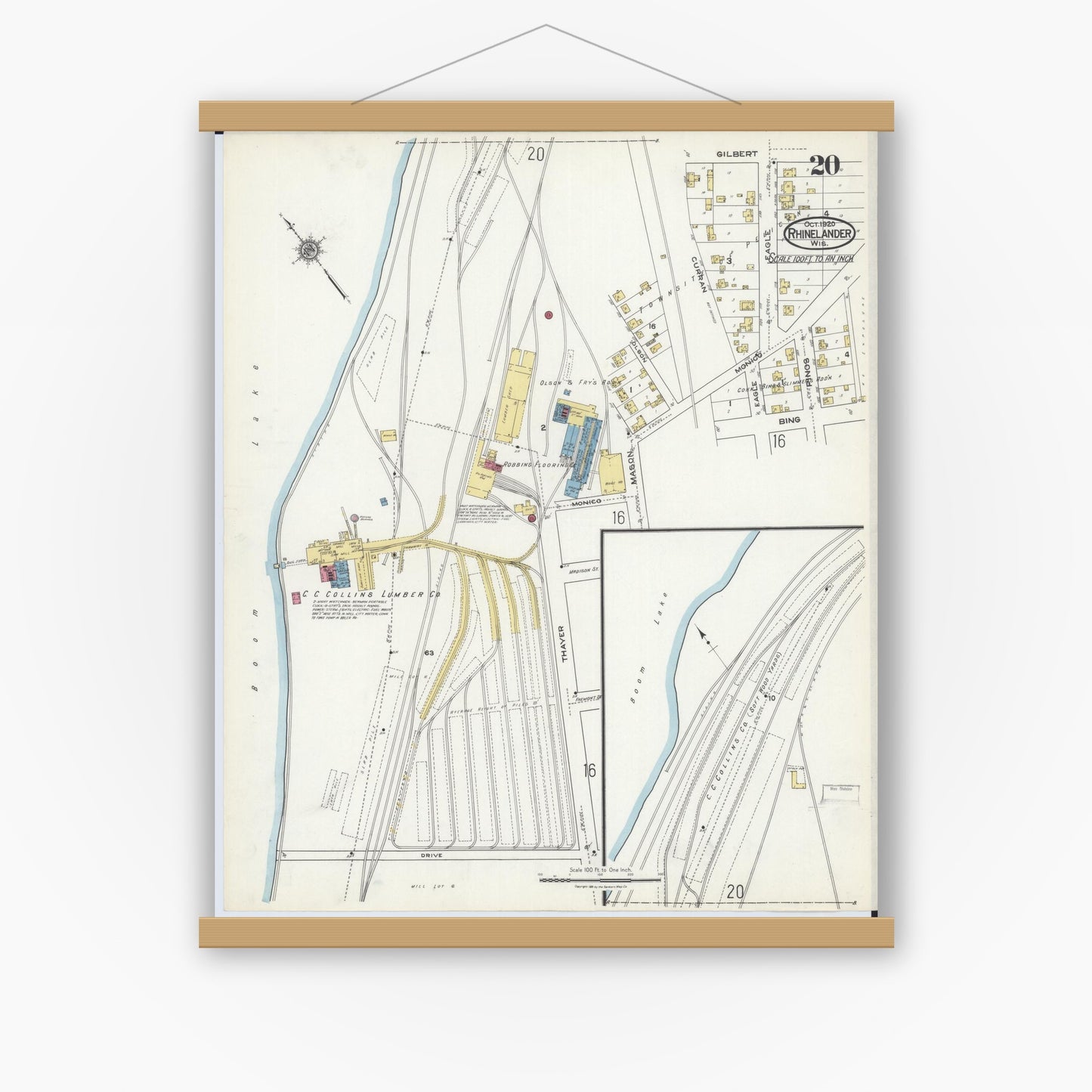 Old map wall art mockup — magnetic wood frame on white wall — Sanborn Fire Insurance Map from Rhinelander, Oneida County, Wisconsin (1920), Sheet #0020