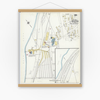 Old map wall art mockup — magnetic wood frame on white wall — Sanborn Fire Insurance Map from Rhinelander, Oneida County, Wisconsin (1920), Sheet #0020