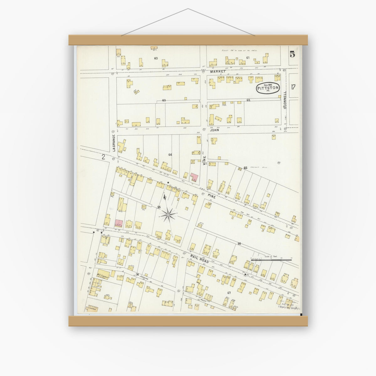Old map wall art mockup — magnetic wood frame on white wall — Sanborn Fire Insurance Map from Pittston, Luzerne County, Pennsylvania (1896), Sheet #0005