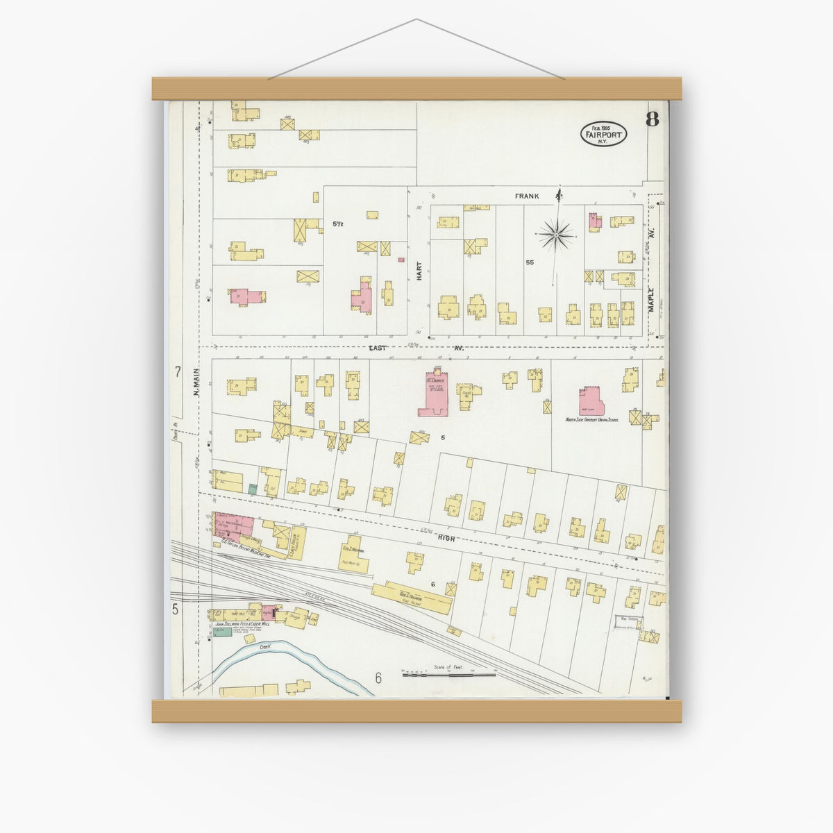 Old map wall art mockup — magnetic wood frame on white wall — Sanborn Fire Insurance Map from Fairport, Monroe County, New York (1905), Sheet #0008