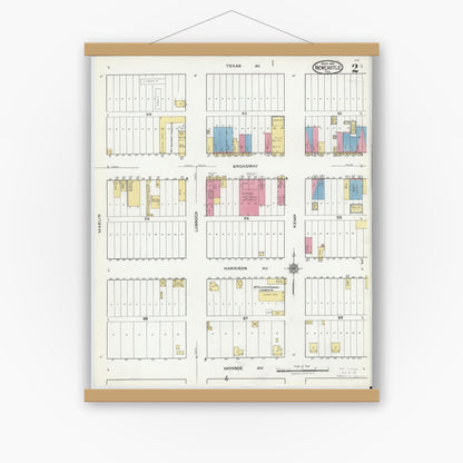 Old map wall art mockup — magnetic wood frame on white wall — Sanborn Fire Insurance Map from Newcastle, Young County, Texas (1921), Sheet #0002