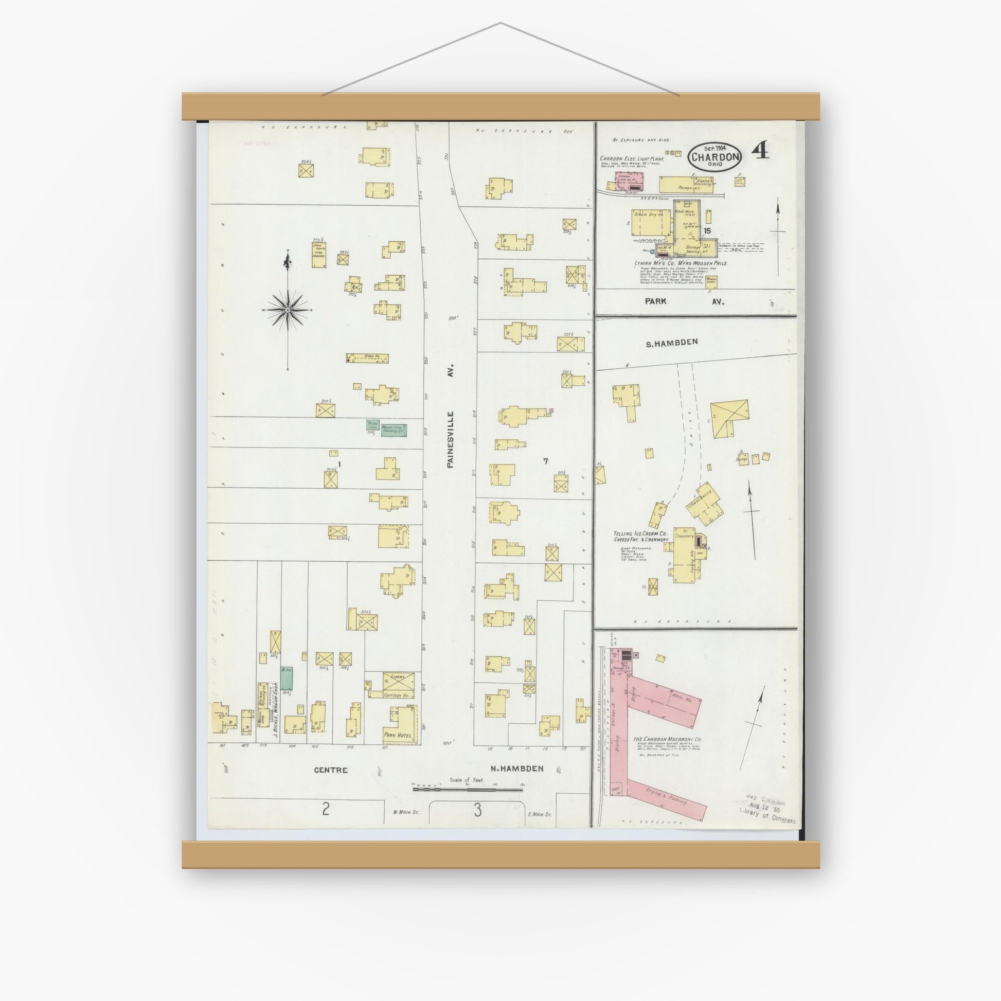 Old map wall art mockup — magnetic wood frame on white wall — Sanborn Fire Insurance Map from Chardon, Geauga County, Ohio (1904), Sheet #0004