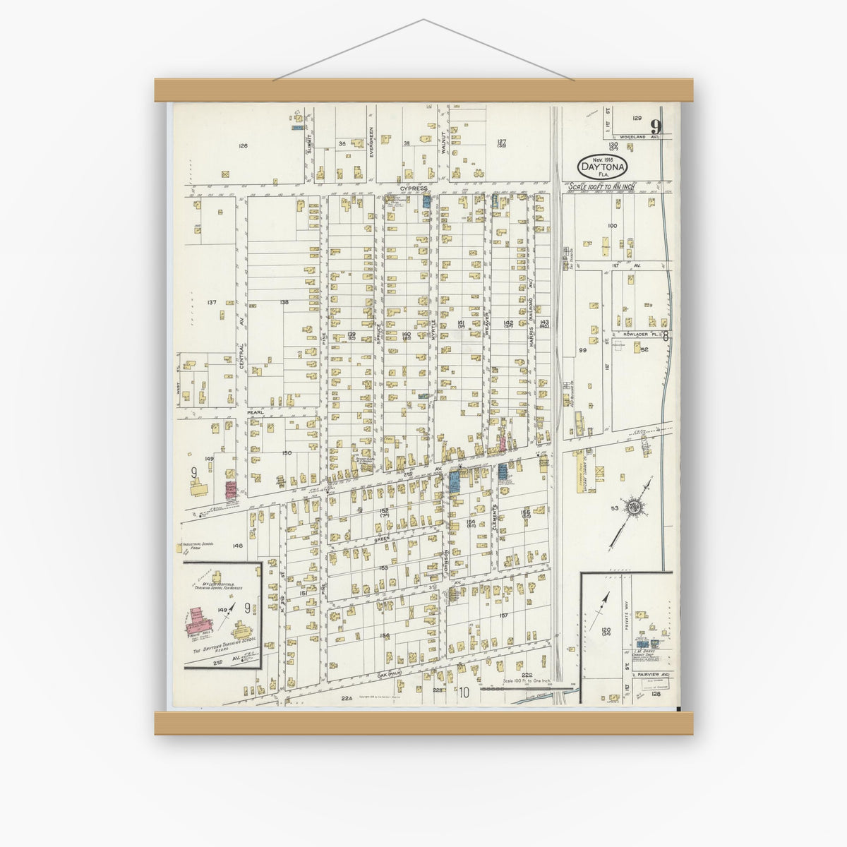 Old map wall art mockup — magnetic wood frame on white wall — Sanborn Fire Insurance Map from Daytona, Volusia County, Florida (1916), Sheet #0009