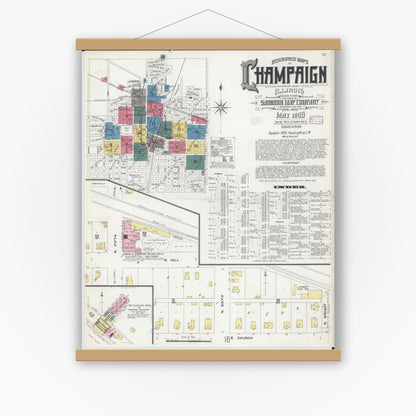 Old map wall art mockup — magnetic wood frame on white wall — Sanborn Fire Insurance Map from Champaign, Champaign County, Illinois (1909) - Complete Map Set