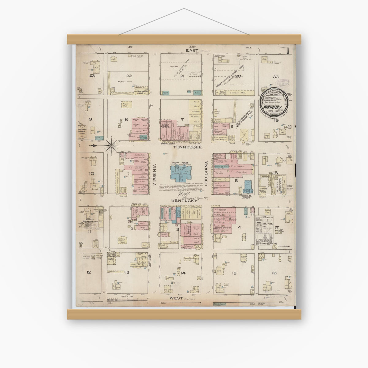 Old map wall art mockup — magnetic wood frame on white wall — Sanborn Fire Insurance Map from McKinney, Collin County, Texas (1885) - Complete Map Set
