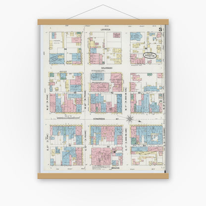 Old map wall art mockup — magnetic wood frame on white wall — Sanborn Fire Insurance Map from Austin, Travis County, Texas (1889), Sheet #0003