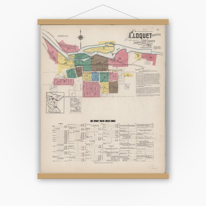 Old map wall art mockup — magnetic wood frame on white wall — Sanborn Fire Insurance Map from Cloquet, Carlton County, Minnesota (1922) - Complete Map Set
