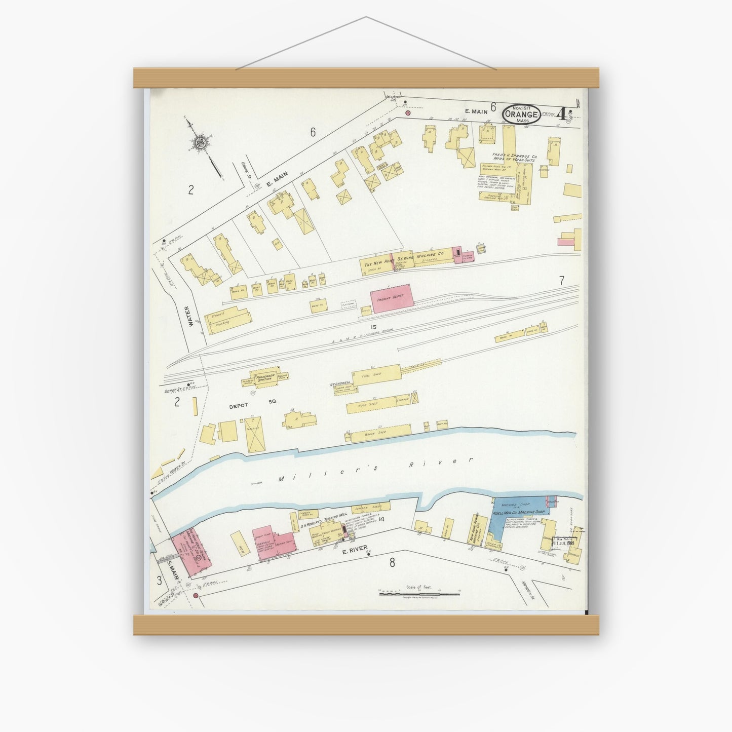 Old map wall art mockup — magnetic wood frame on white wall — Sanborn Fire Insurance Map from Orange, Franklin County, Massachusetts (1917), Sheet #0004