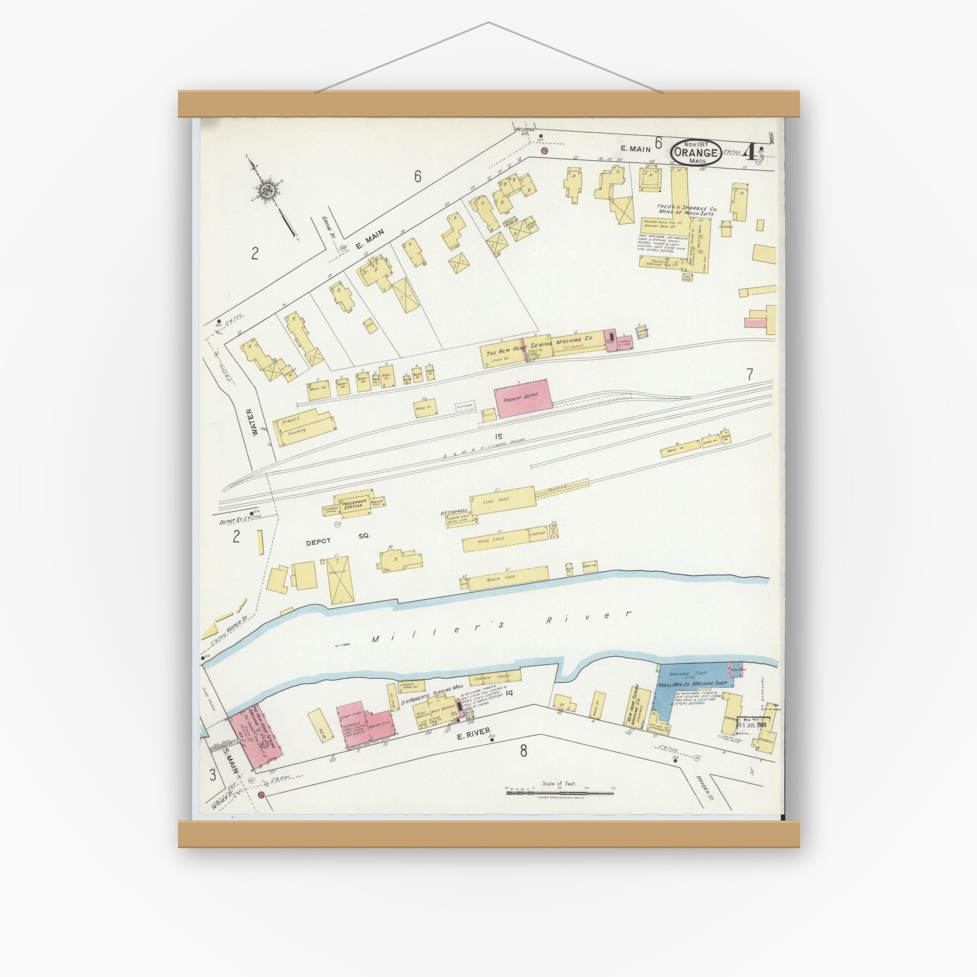 Old map wall art mockup — magnetic wood frame on white wall — Sanborn Fire Insurance Map from Orange, Franklin County, Massachusetts (1917), Sheet #0004