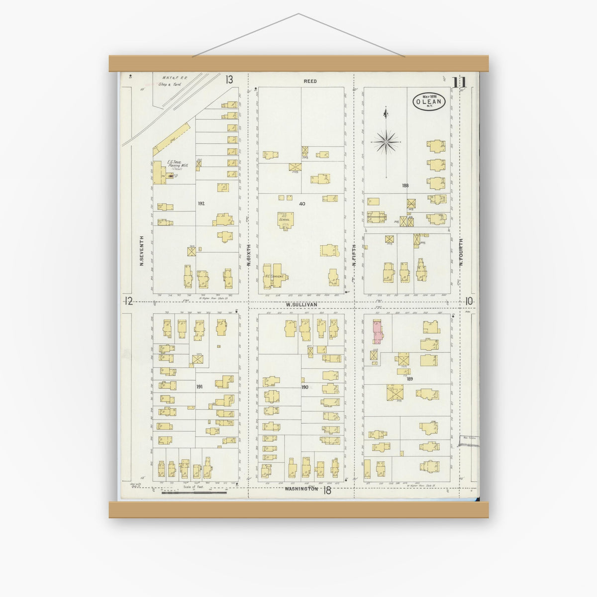 Old map wall art mockup — magnetic wood frame on white wall — Sanborn Fire Insurance Map from Olean, Cattaraugus County, New York (1898), Sheet #0011