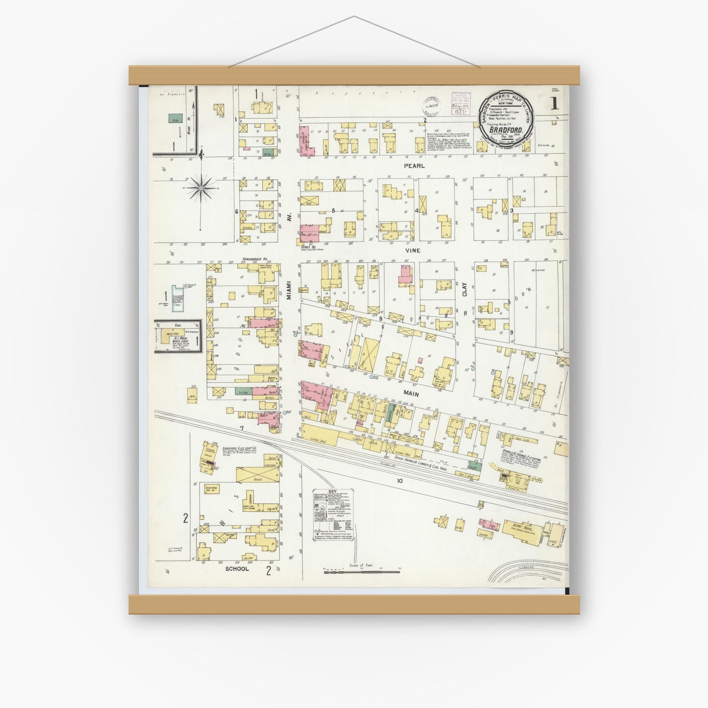 Old map wall art mockup — magnetic wood frame on white wall — Sanborn Fire Insurance Map from Bradford, Darke and Miami Counties, Ohio (1901), Sheet #0001
