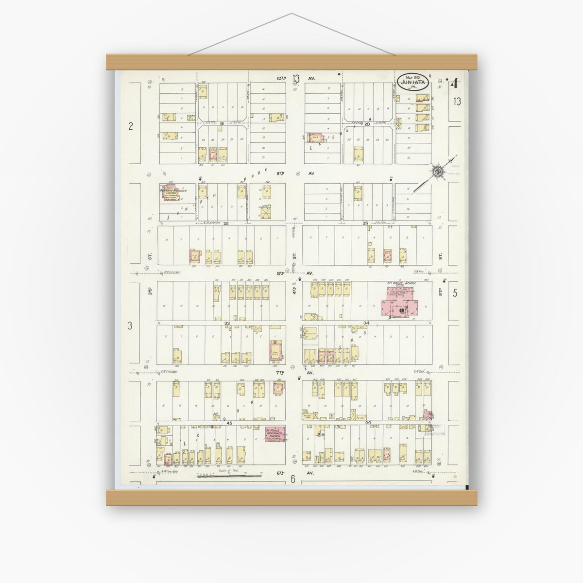 Old map wall art mockup — magnetic wood frame on white wall — Sanborn Fire Insurance Map from Juniata, Blair County, Pennsylvania (1910), Sheet #0004